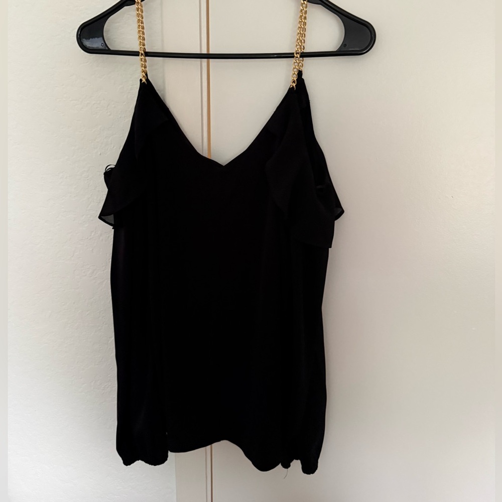 Michael Kors Black Top with Gold Chain Straps and Ruffle Sleeve Open Shoulder